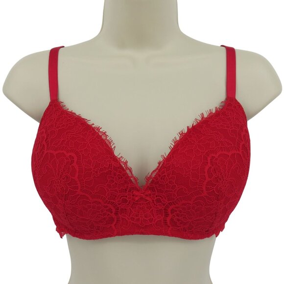 Victorias Secret 36D Dream Angels Padded No Wire Bra Red Lace Bow Wireless Sexy - Picture 1 of 15